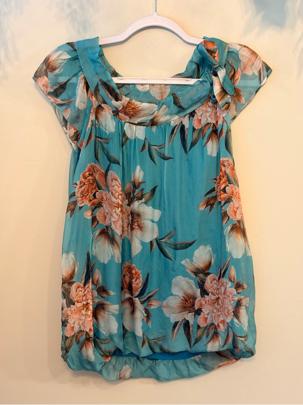 ELENA BALDI Silk Floral Turquoise Cap-Sleeve Blouse